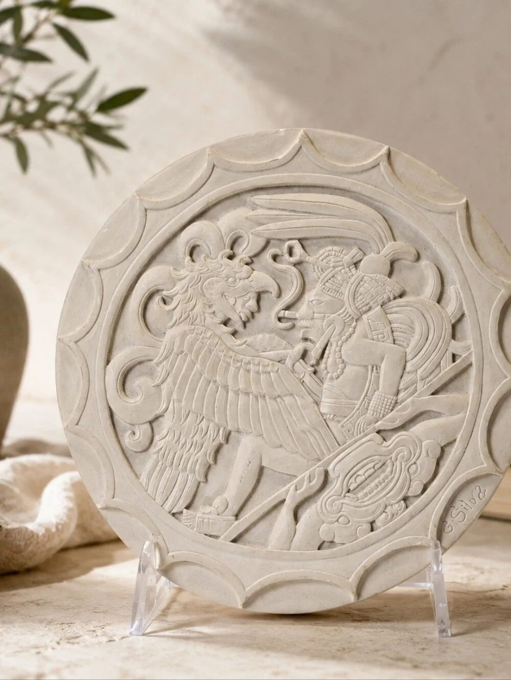Vintage G. Silva Mayan Aztec Relief Wall Plaque Cast‎ Stone Chalkware Art 6.5